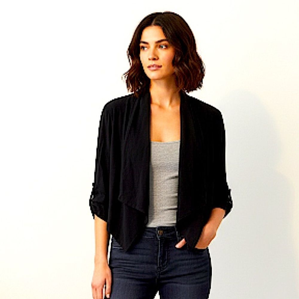 Ann Taylor LOFT Cropped Black Drape 3/4 Sleeve Cardigan Blazer Size Small